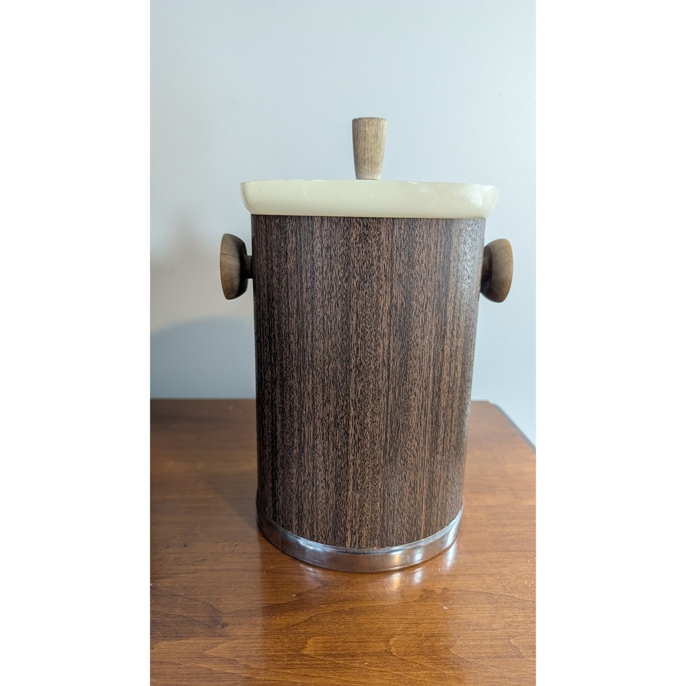 Vintage Kromex Ice Bucket Mid Century Modern Wood Grain Faux Bois Chrome USA